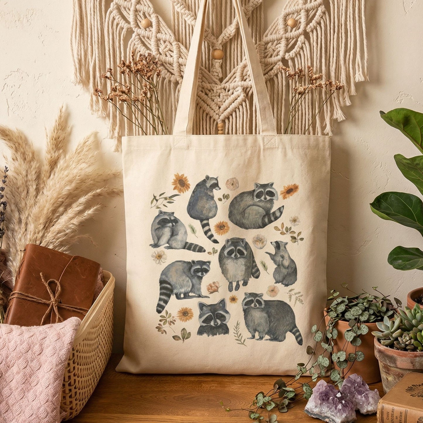 Floral Raccoon Canvas Tote
