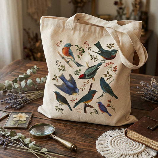 Vintage Blue Birds Canvas Tote