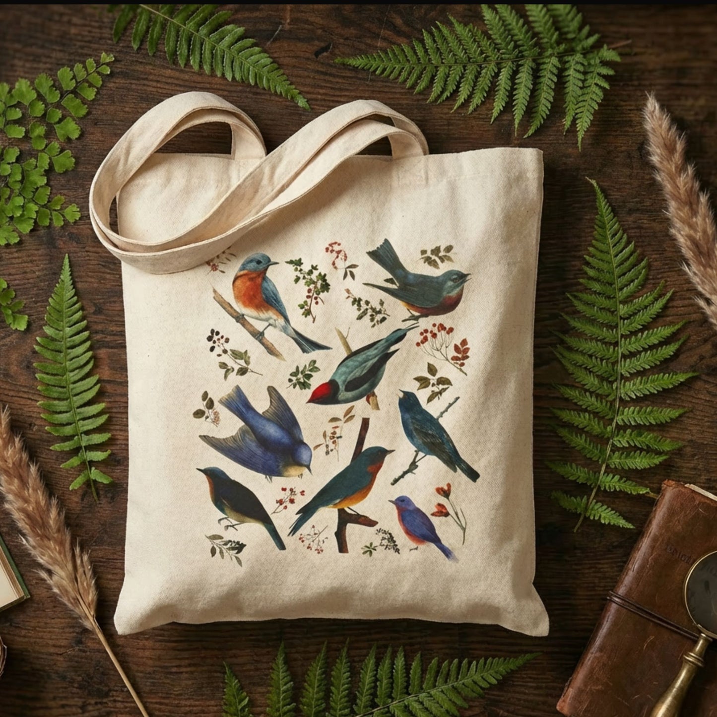 Vintage Blue Birds Canvas Tote