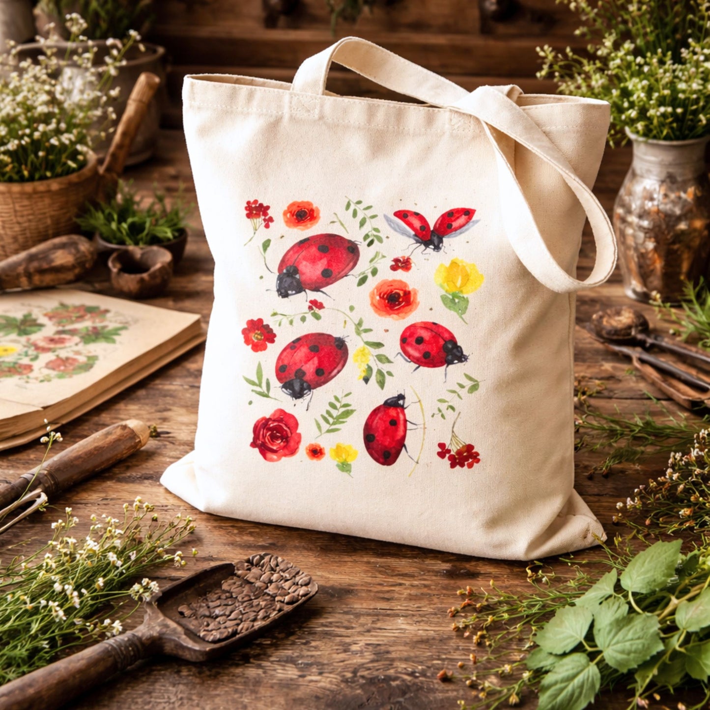 Whimsical Floral Ladybug Canvas Tote