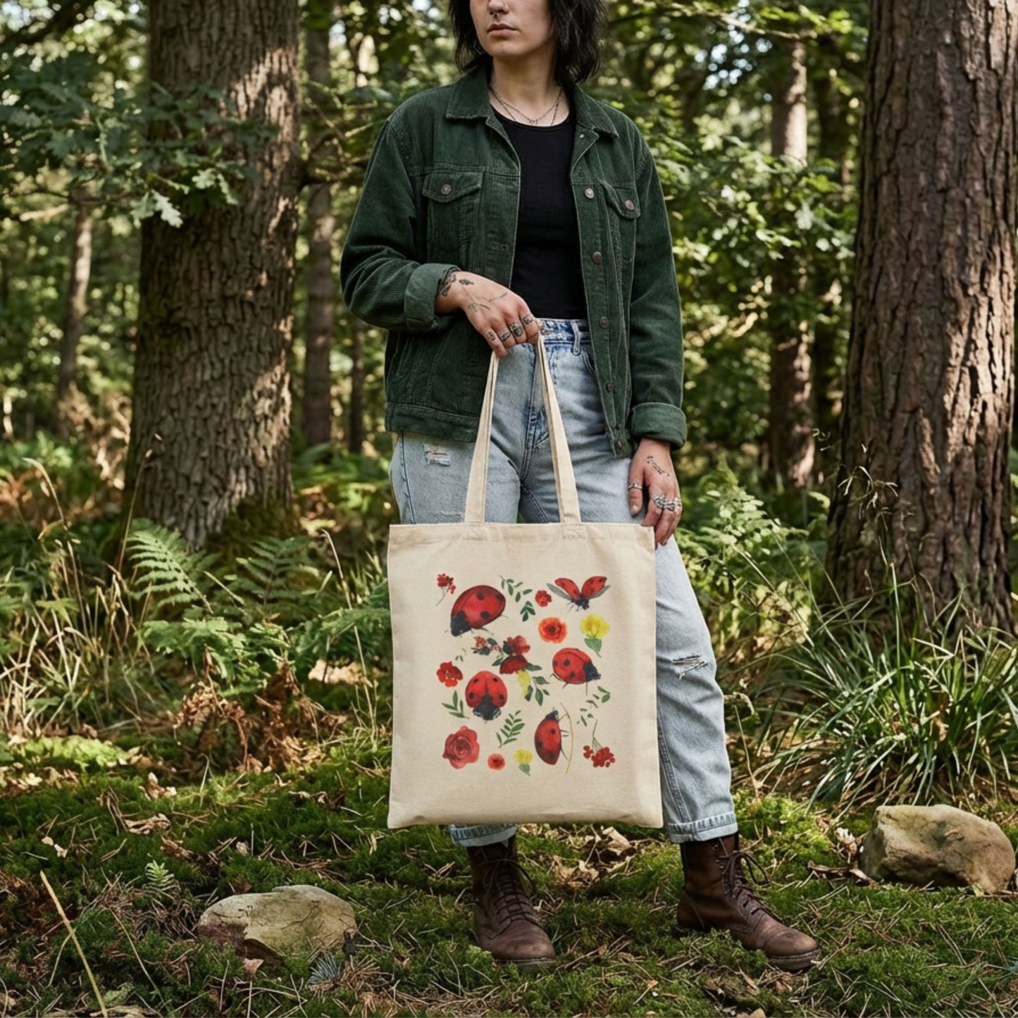 Whimsical Floral Ladybug Canvas Tote