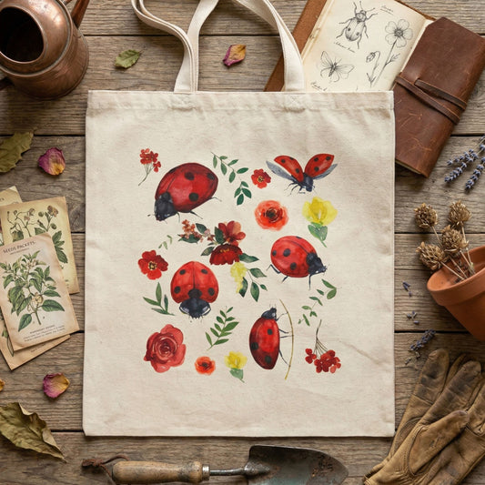 Whimsical Floral Ladybug Canvas Tote
