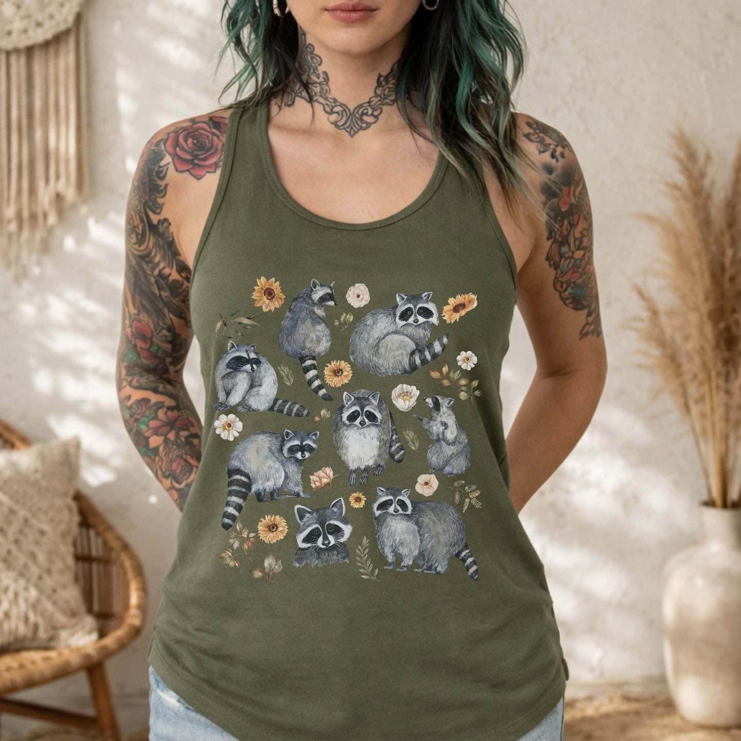 Floral Raccoon Racerback Tank Top
