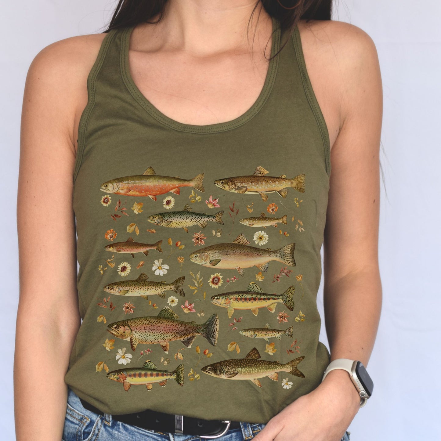 Vintage Floral Trout Racerback Tank Top