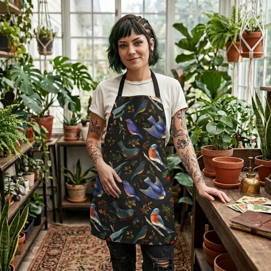 Vintage Botanical Blue Birds Apron