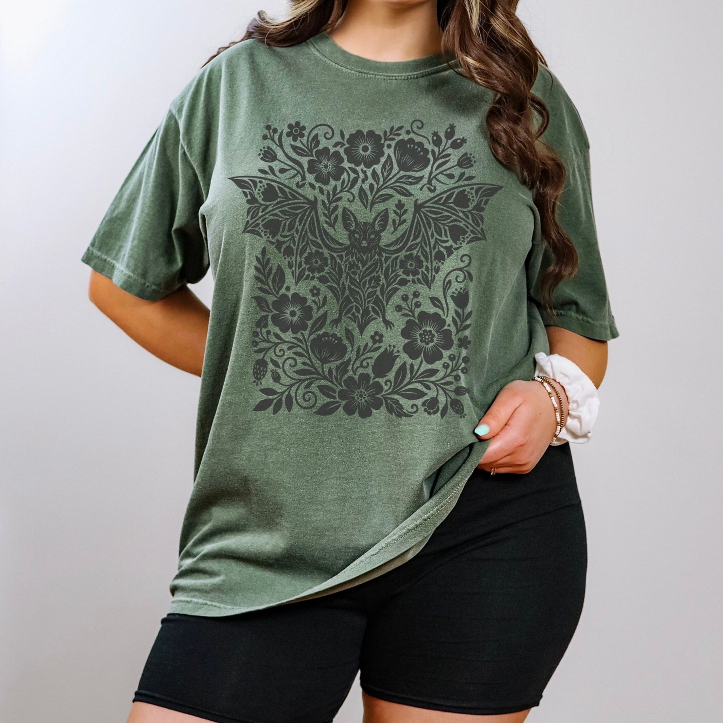 Bat Linocut Flowers T-Shirt