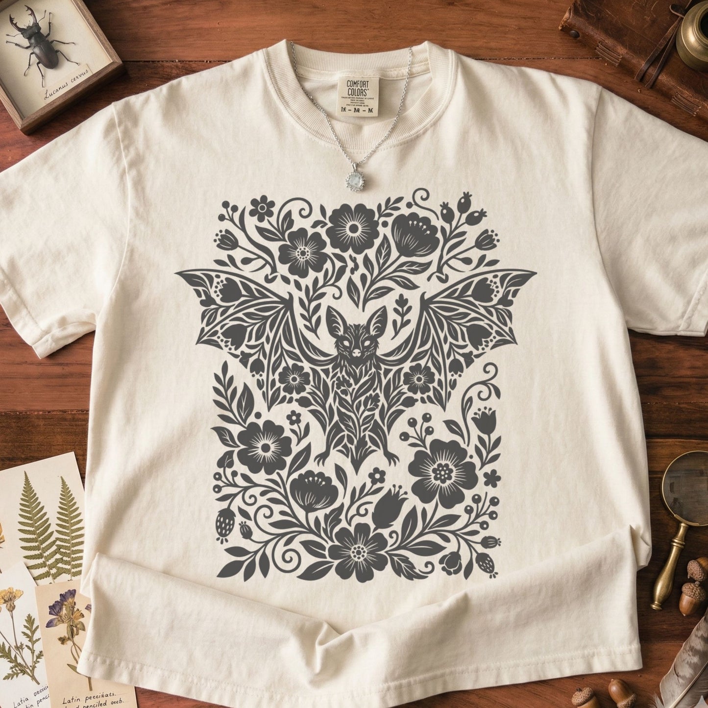 Bat Linocut Flowers T-Shirt