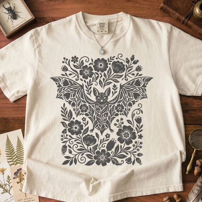 Bat Linocut Flowers T-Shirt