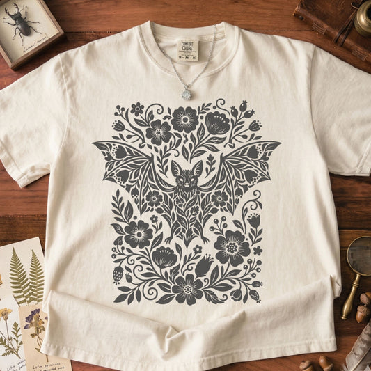 Bat Linocut Flowers T-Shirt