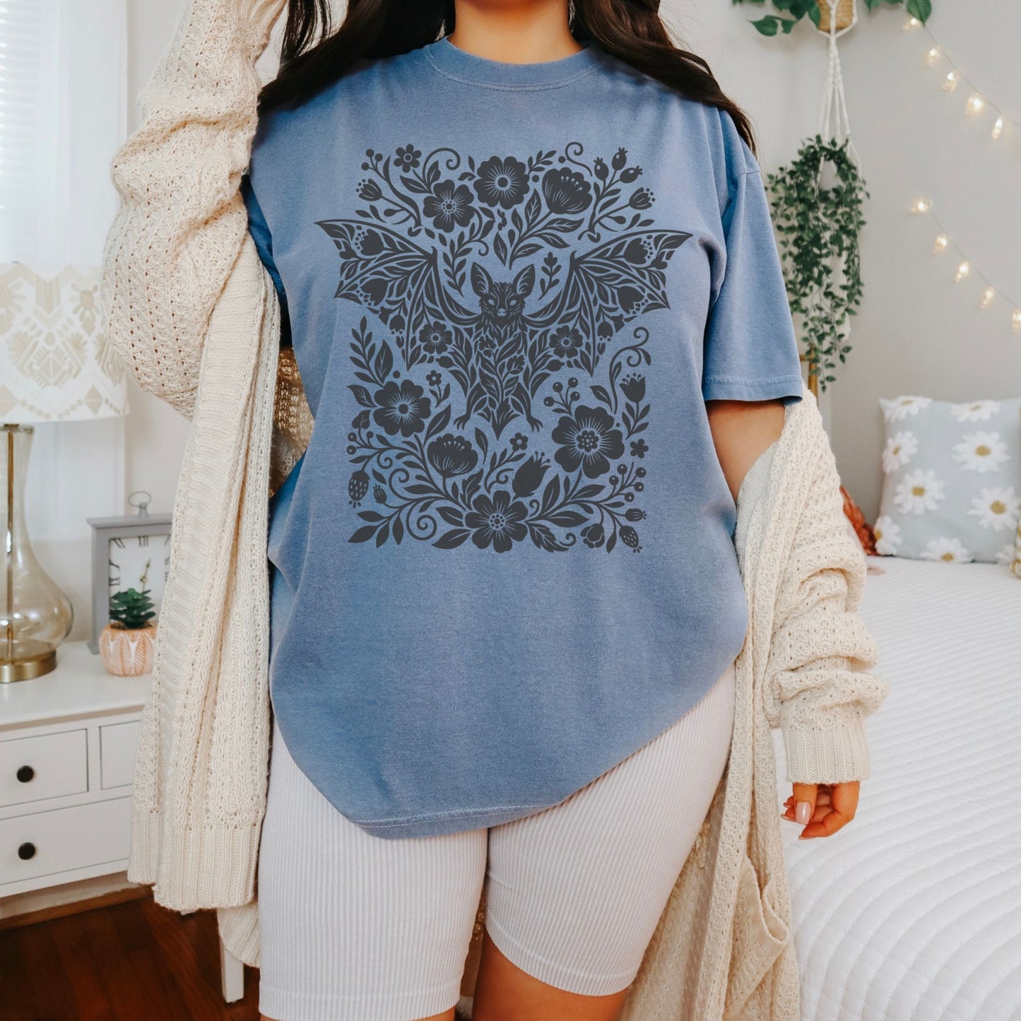Bat Linocut Flowers T-Shirt