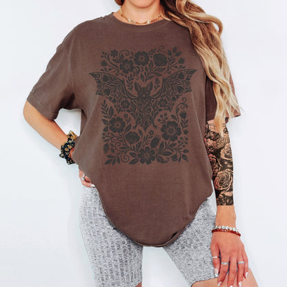 Bat Linocut Flowers T-Shirt