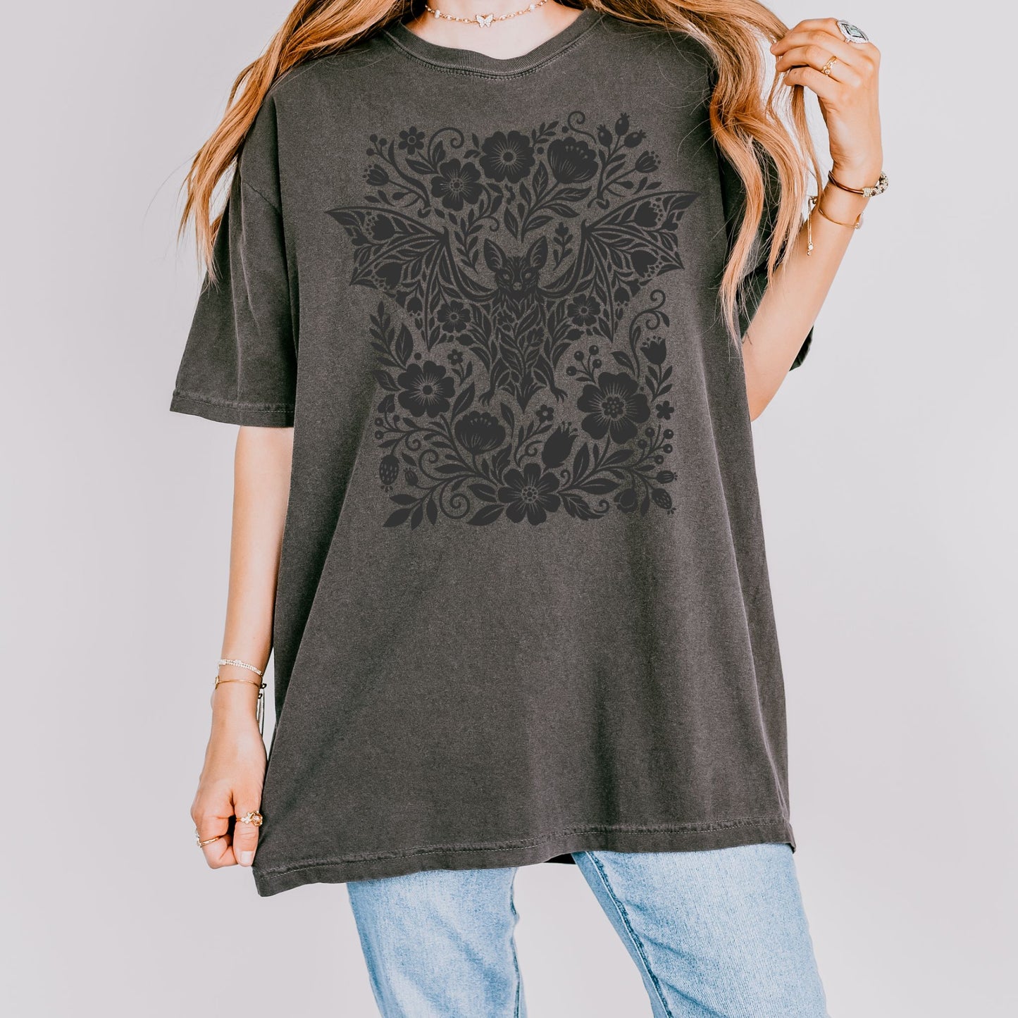 Bat Linocut Flowers T-Shirt