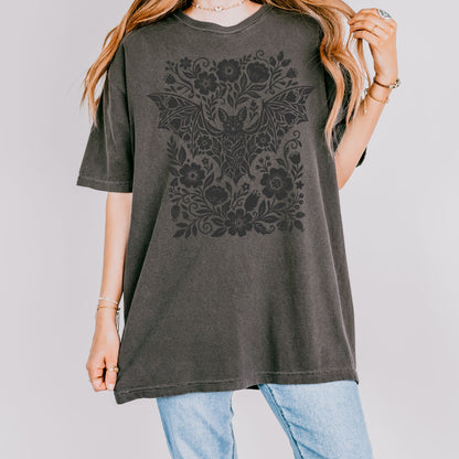 Bat Linocut Flowers T-Shirt