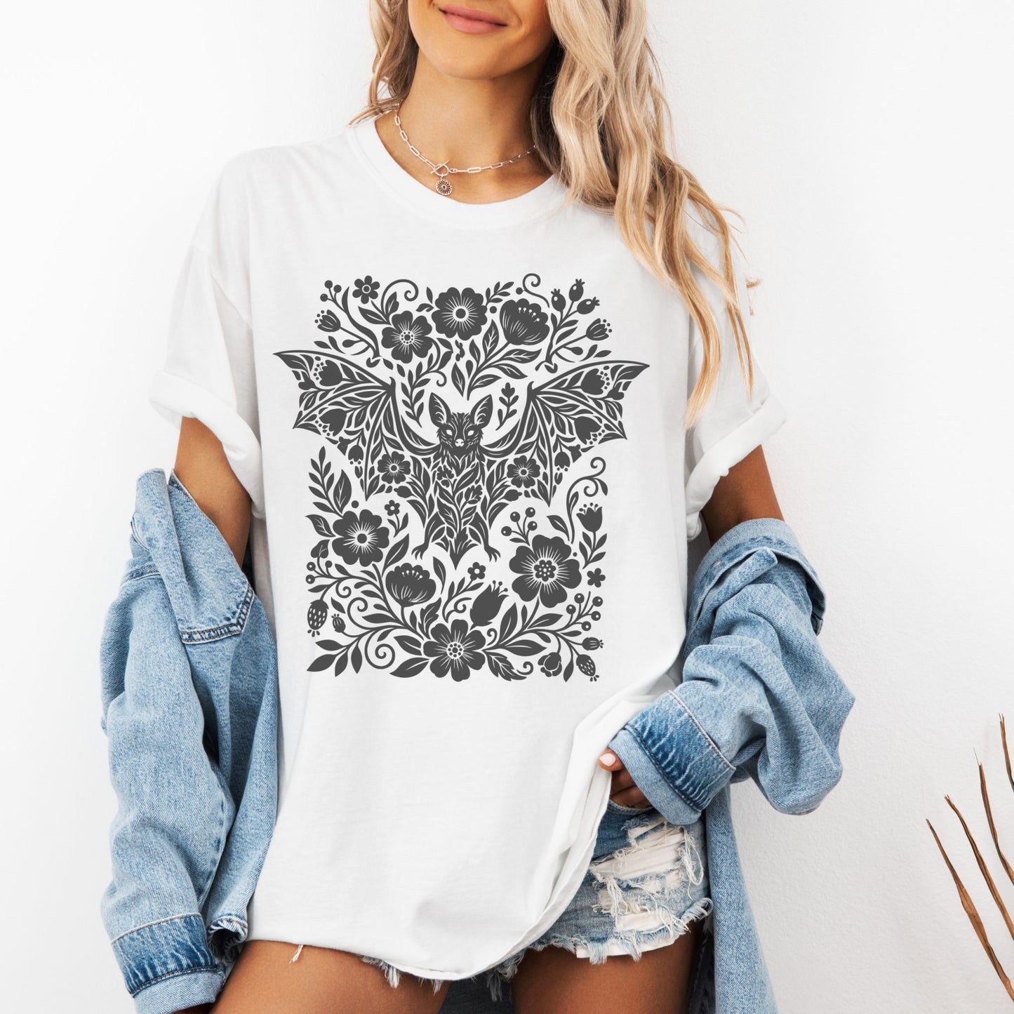 Bat Linocut Flowers T-Shirt