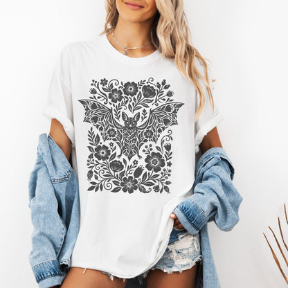 Bat Linocut Flowers T-Shirt