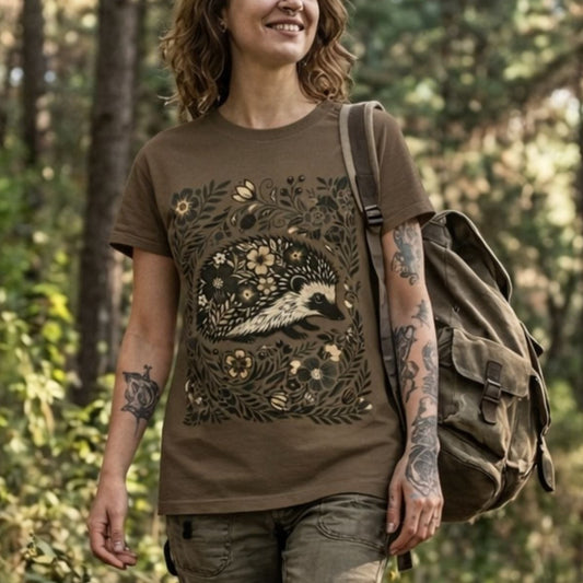 Linocut Hedgehog Floral T-Shirt