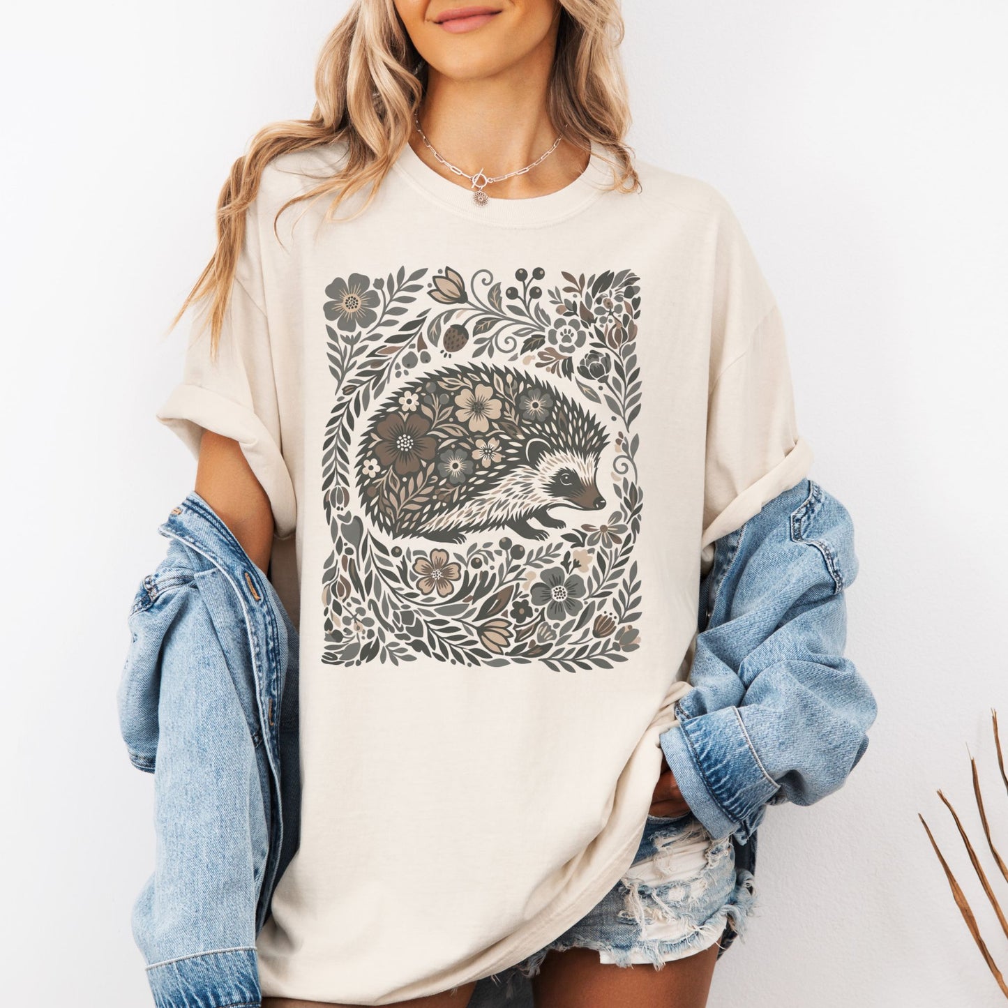 Linocut Hedgehog Floral T-Shirt