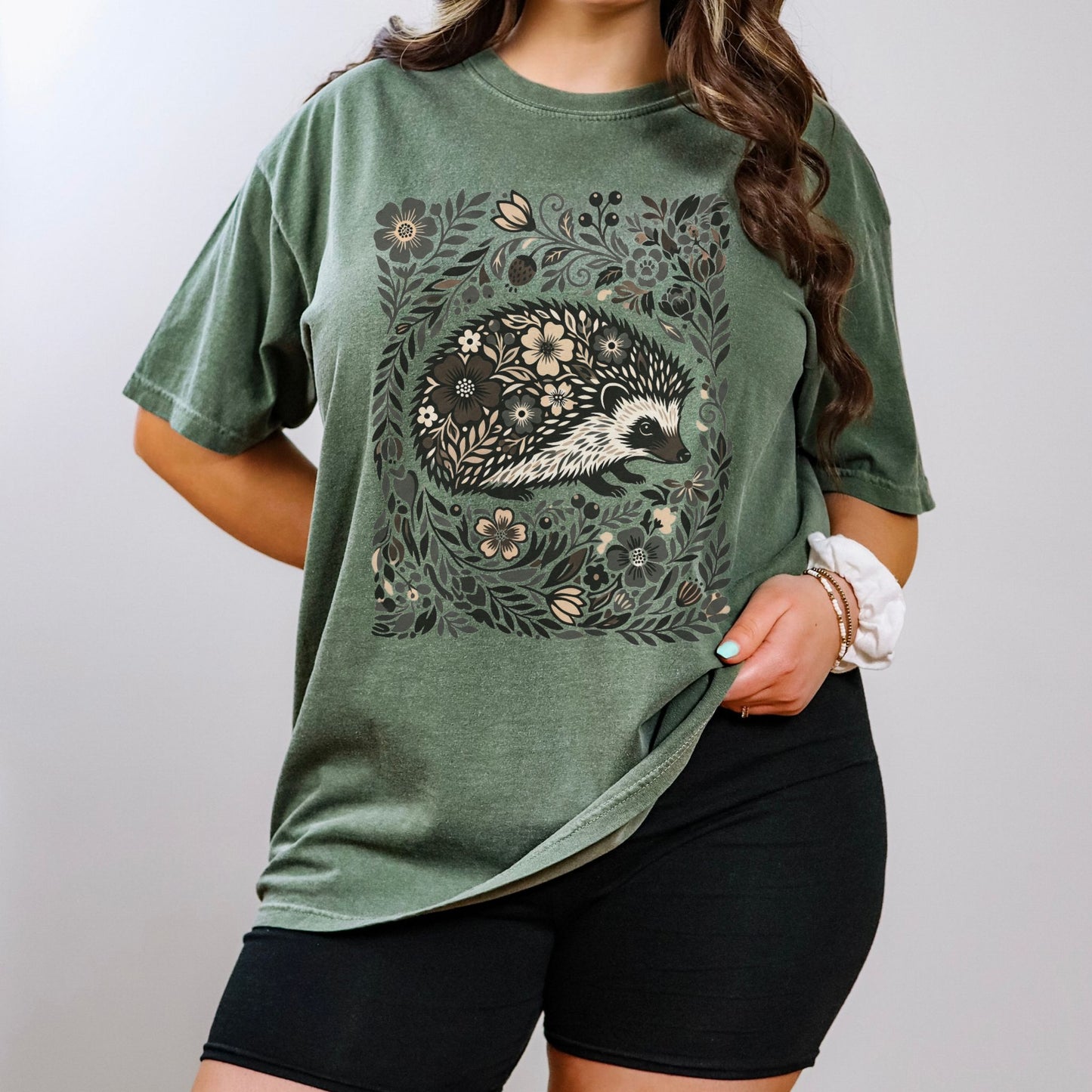 Linocut Hedgehog Floral T-Shirt