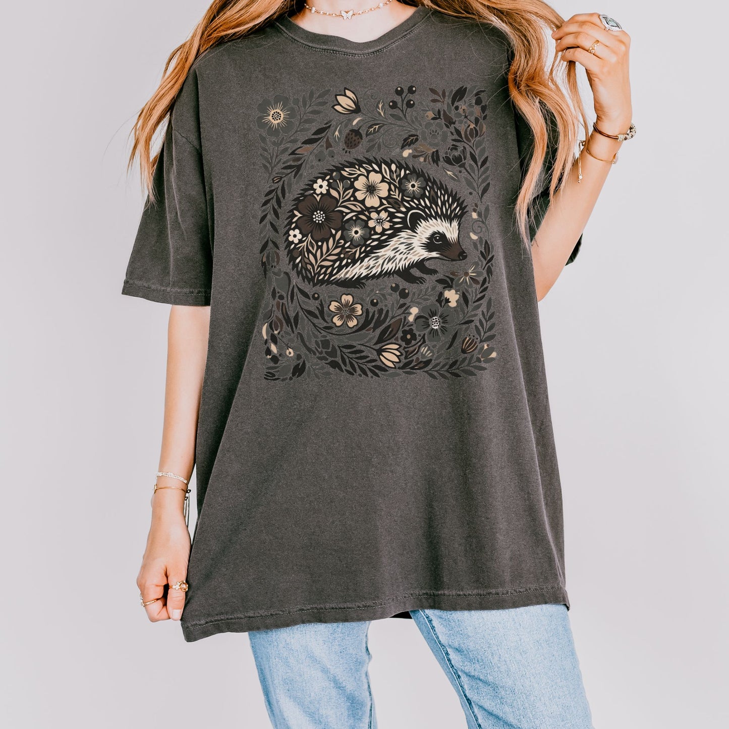 Linocut Hedgehog Floral T-Shirt