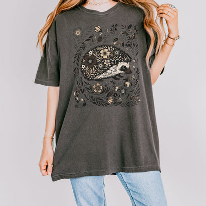 Linocut Hedgehog Floral T-Shirt