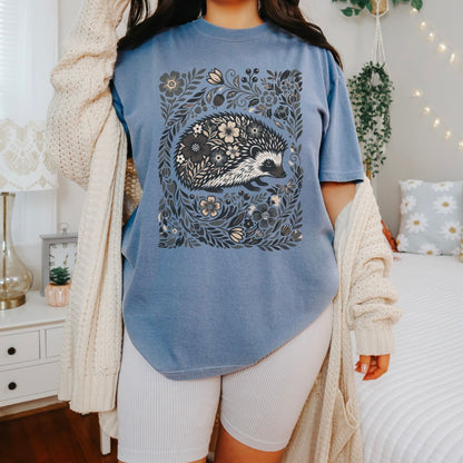 Linocut Hedgehog Floral T-Shirt
