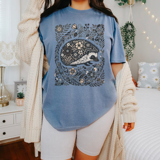 Linocut Hedgehog Floral T-Shirt