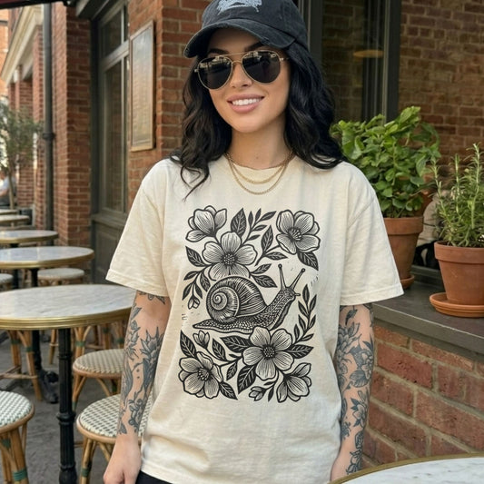 Linocut Floral Snail T-Shirt