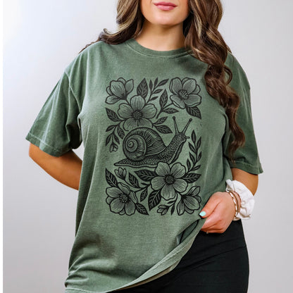 Linocut Floral Snail T-Shirt