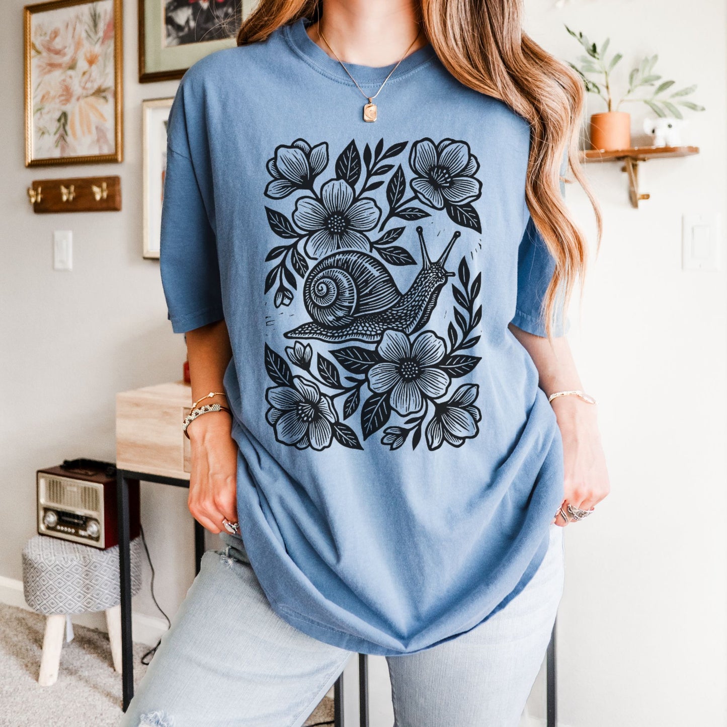 Linocut Floral Snail T-Shirt