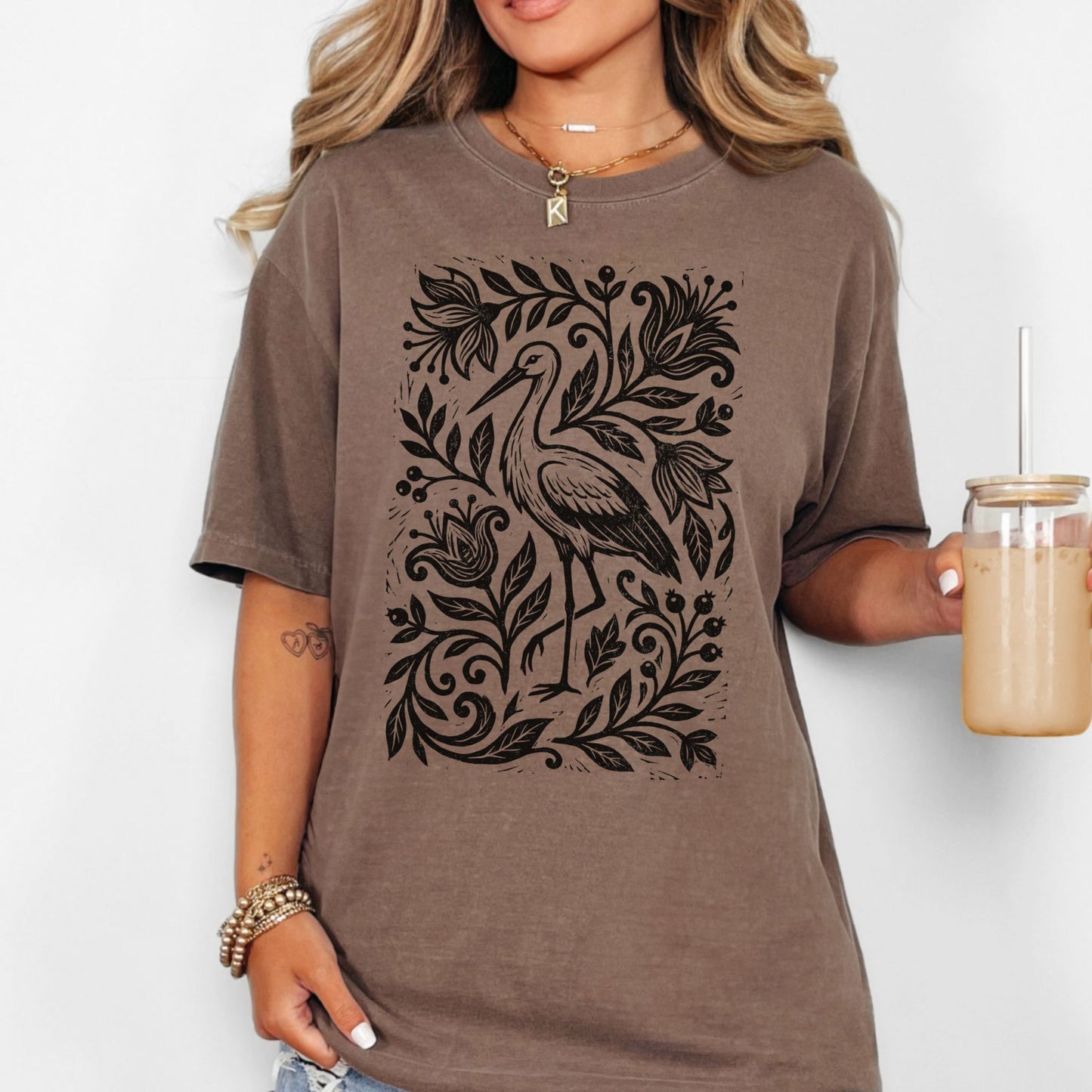 Linocut Floral Stork Bird T-Shirt