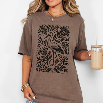 Linocut Floral Stork Bird T-Shirt