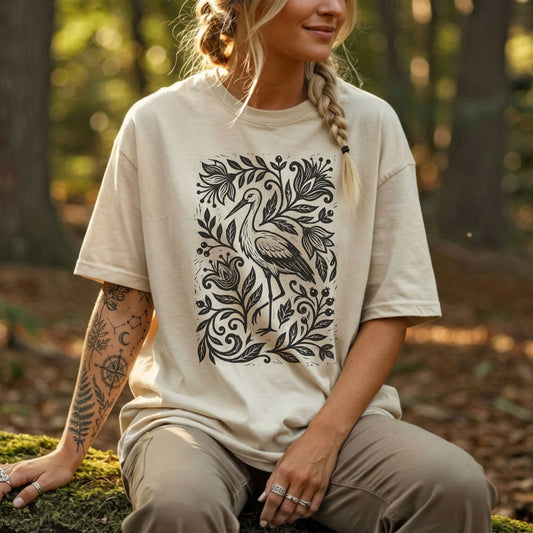 Linocut Floral Stork Bird T-Shirt