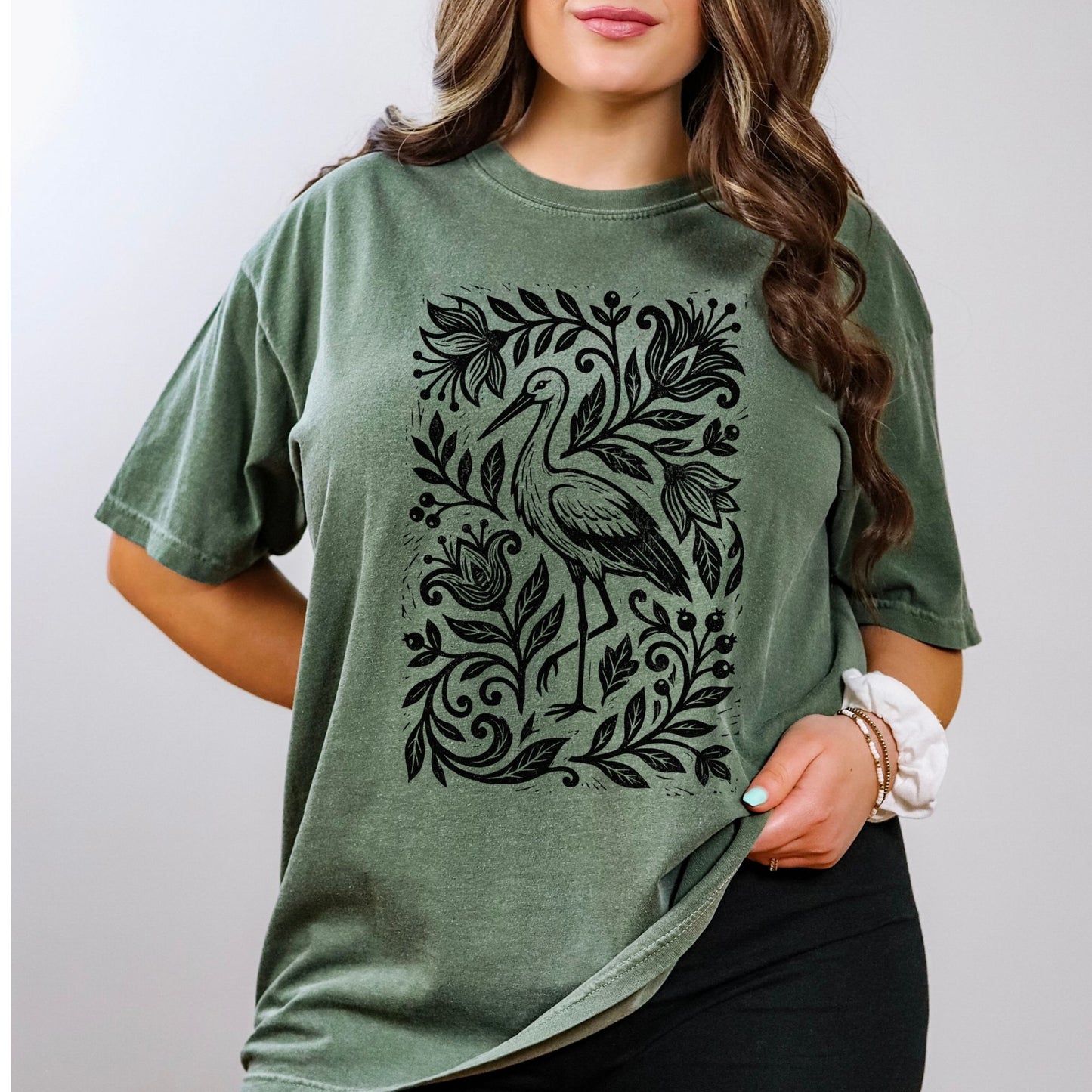 Linocut Floral Stork Bird T-Shirt