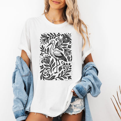Linocut Floral Stork Bird T-Shirt