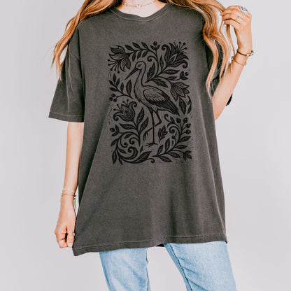 Linocut Floral Stork Bird T-Shirt