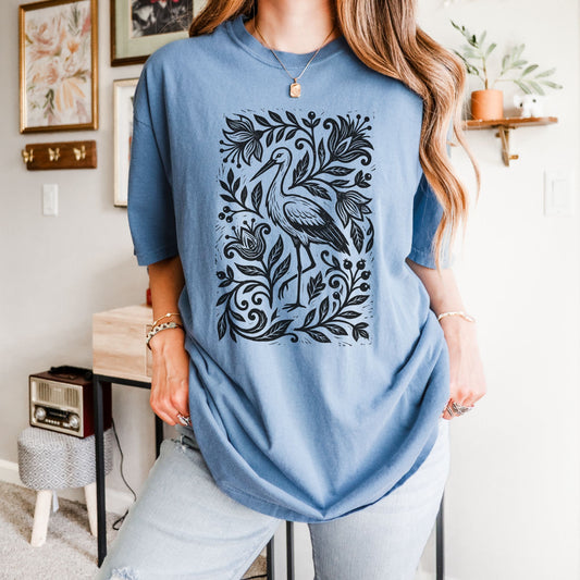Linocut Floral Stork Bird T-Shirt