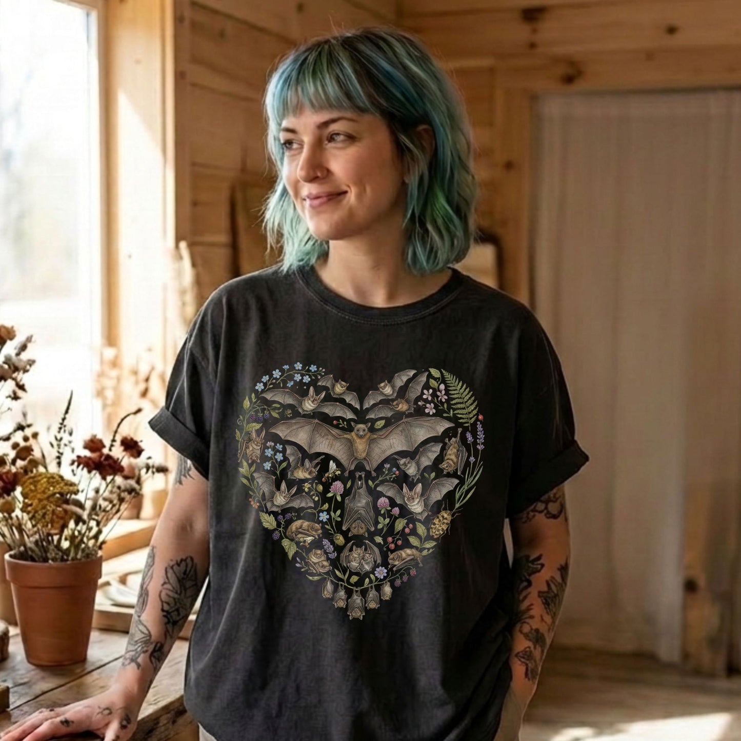 Botanical Vintage Bat Heart Collage T-Shirt