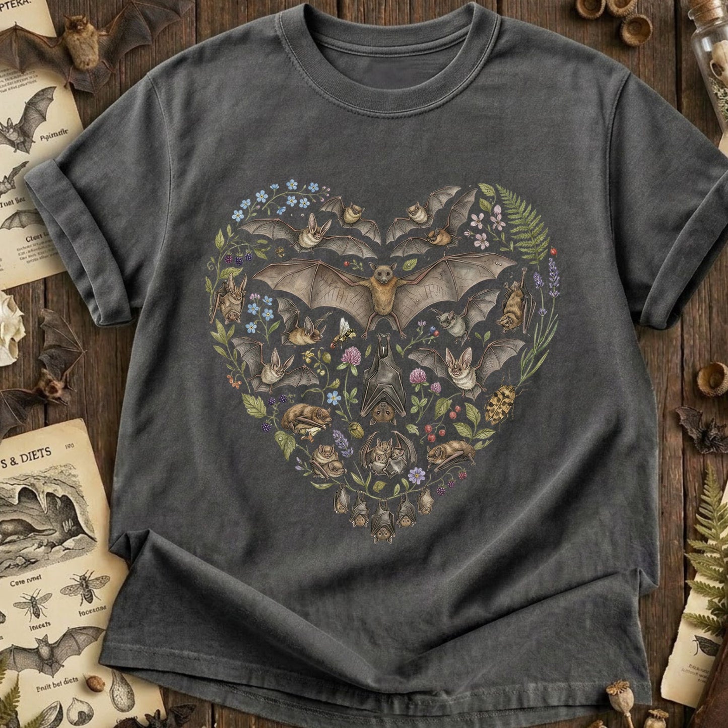 Botanical Vintage Bat Heart Collage T-Shirt