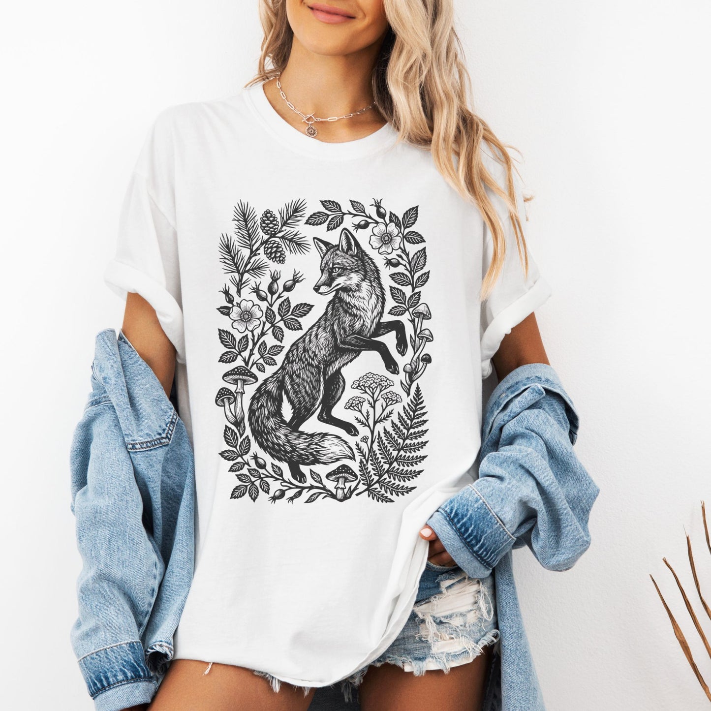 Linocut Fox Botanical T-Shirt