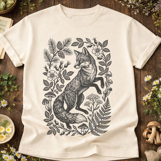 Linocut Fox Botanical T-Shirt