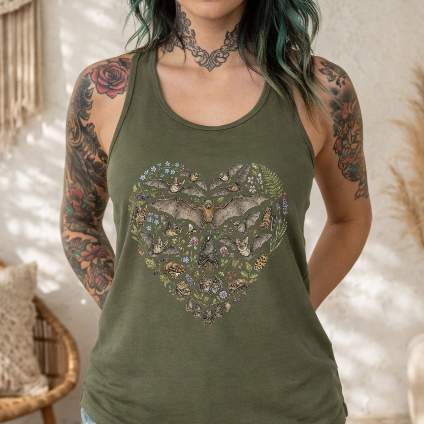 Vintage Bats Heart Racerback Tank Top