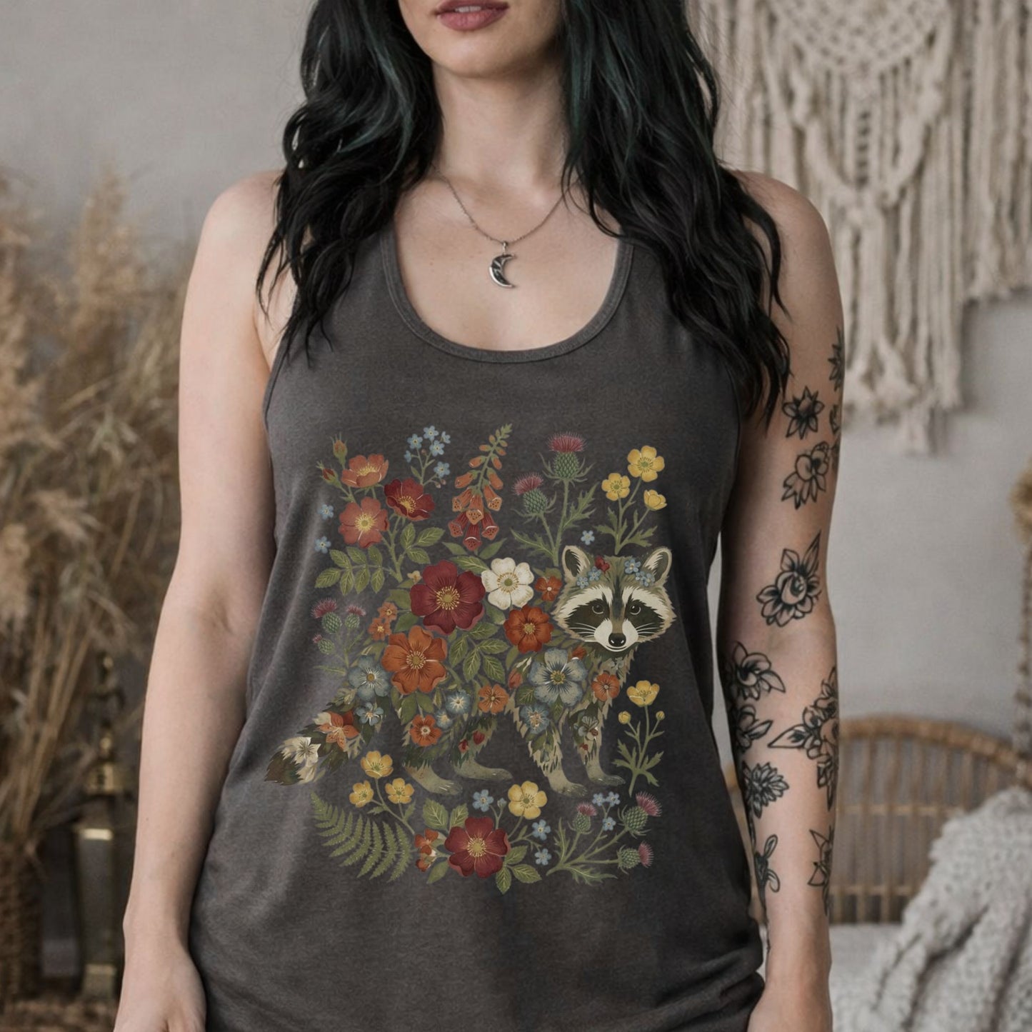 Floral Raccoon Racerback Tank Top