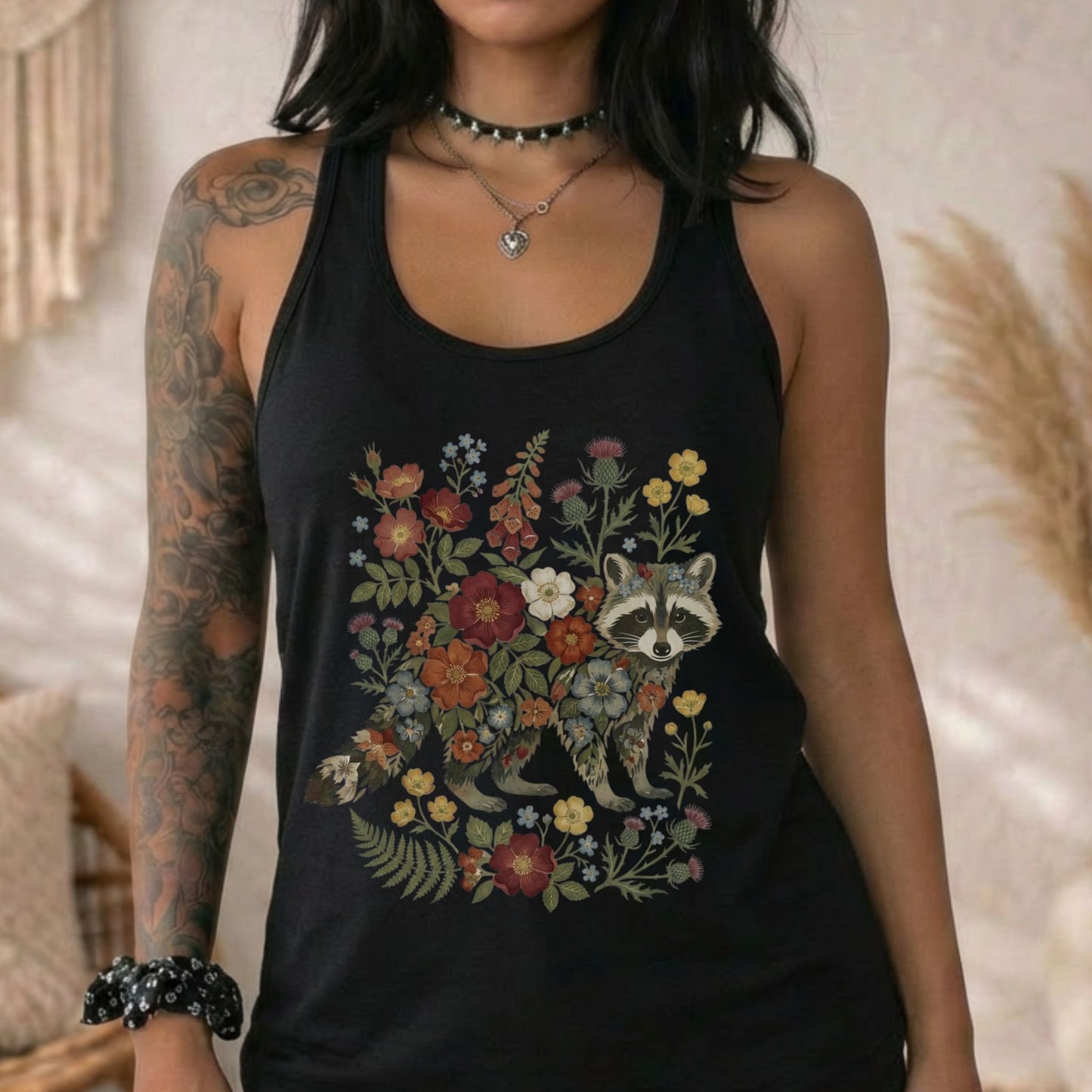 Floral Raccoon Racerback Tank Top