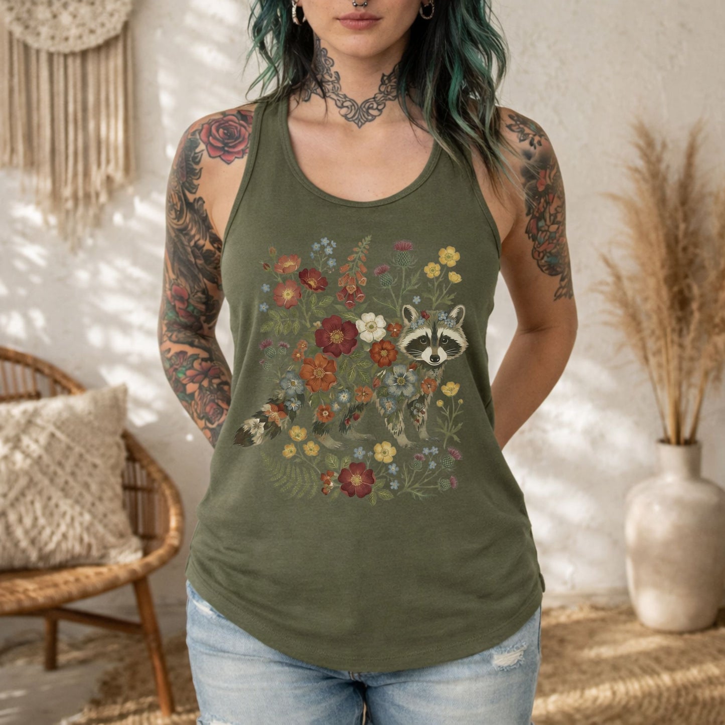 Floral Raccoon Racerback Tank Top