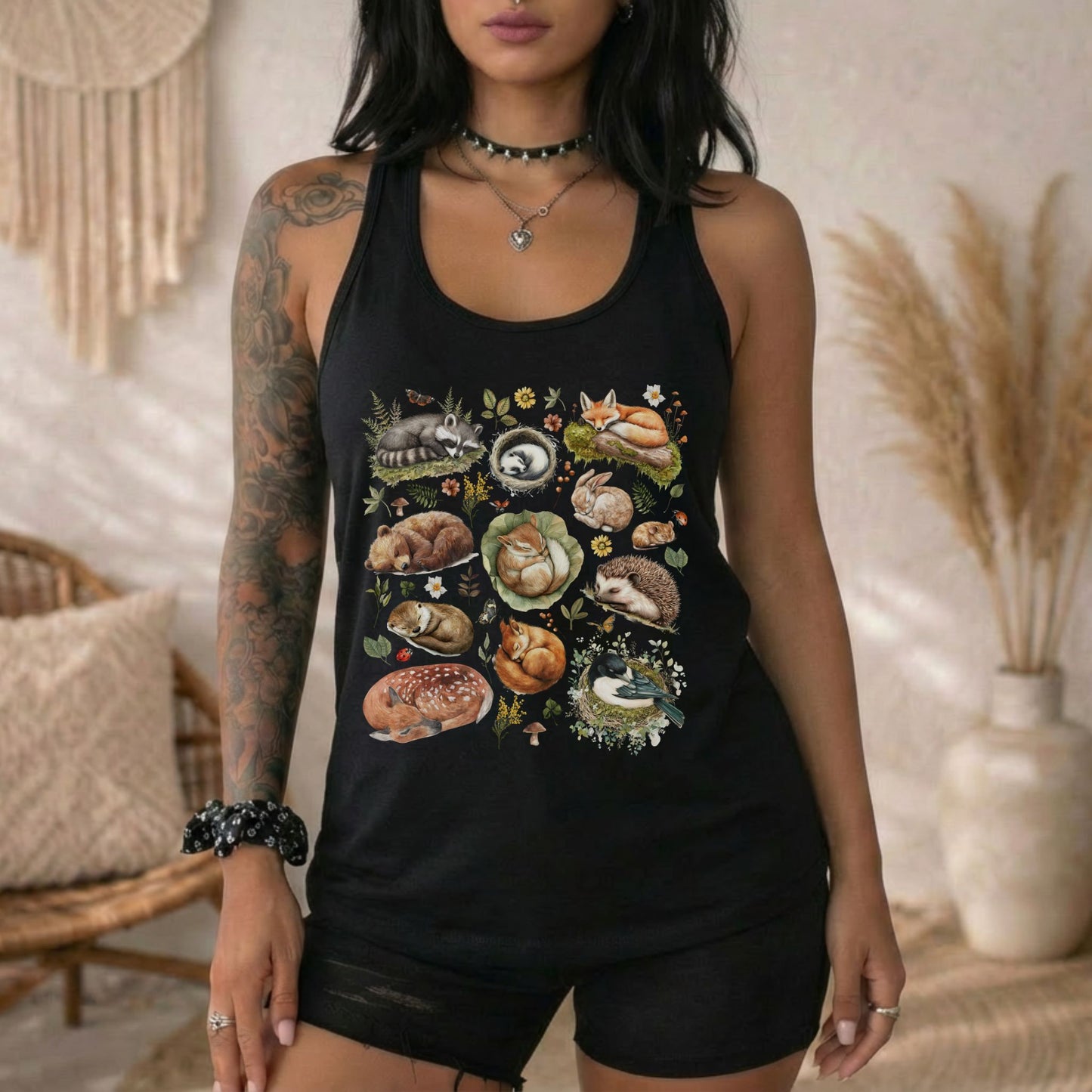 Sleeping Woodland Animals Racerback Tank Top