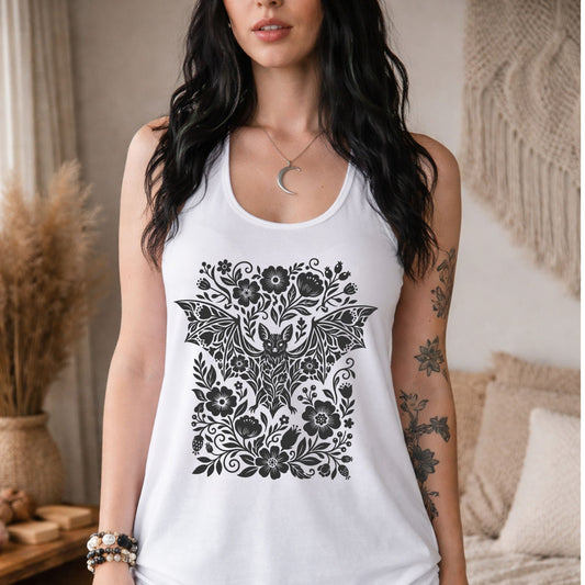 Linocut Floral Bat Racerback Tank Top