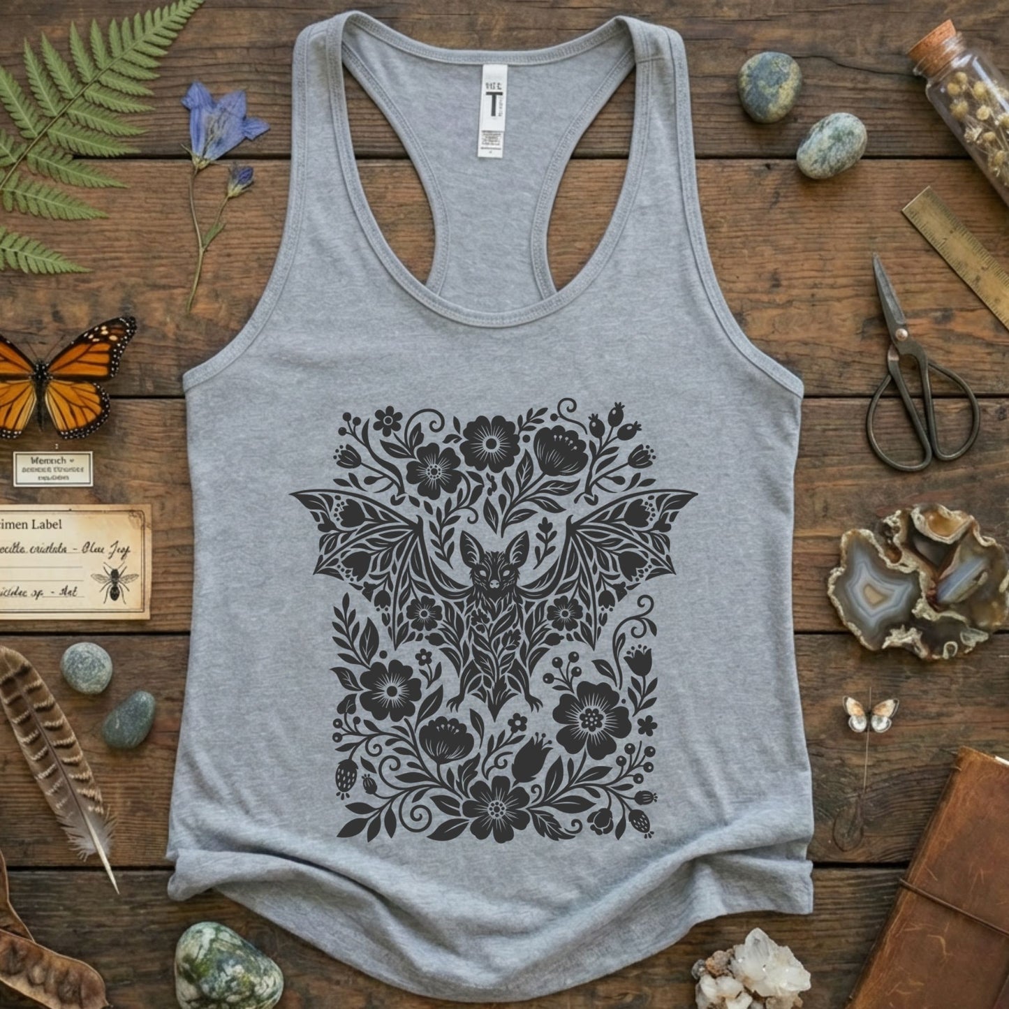 Linocut Floral Bat Racerback Tank Top