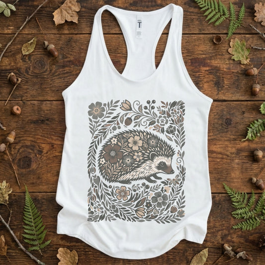 Linocut Floral Hedgehog Racerback Tank Top