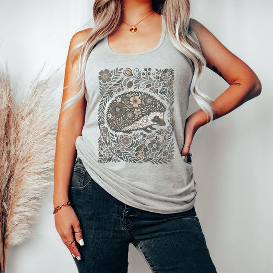 Linocut Floral Hedgehog Racerback Tank Top