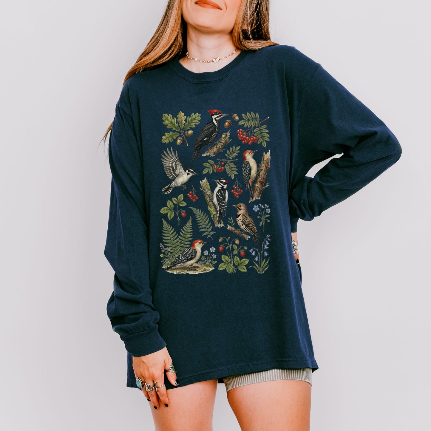 Botanical Woodpecker Collage Long Sleeve Tee